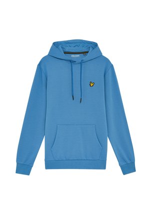 Blauwe hoodie met een voorzak, voorzien van een klein geel geborduurd logo op de linkerborst en verstelbare trekkoorden.