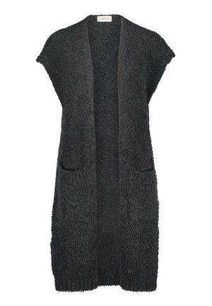 Czarny kardigan bez rękawów, do kolan, z otwartym przodem, wykonany z teksturowanego, puszystego dzianego materiału, z dwoma przednimi kieszeniami.