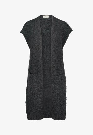 Cárdigan negro sin mangas hasta la rodilla, con abertura frontal, tejido de punto texturizado y esponjoso y dos bolsillos delanteros.