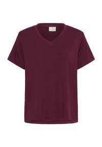 T-shirt bordeaux en V fabriqué dans un tissu doux, avec des manches courtes et une coupe décontractée, un ourlet droit et des détails minimalistes.