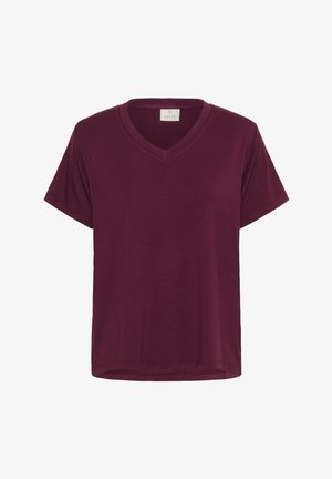 Burgundowa koszulka typu V-neck wykonana z miękkiego materiału, z krótkimi rękawami i luźnym krojem, z prostym wykończeniem i minimalnymi detalami.