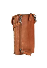 Brun læder kompakt crossover-taske med frontlomme med lynlås og metalbøsninger på den aftagelige rem.