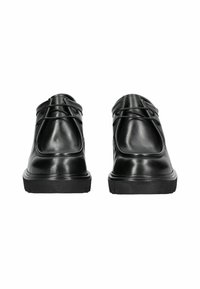 Chaussures en cuir noir avec une finition lisse, dotées d'un bout arrondi et de détails de laçage décoratifs. Semelles en caoutchouc pour une meilleure adhérence.