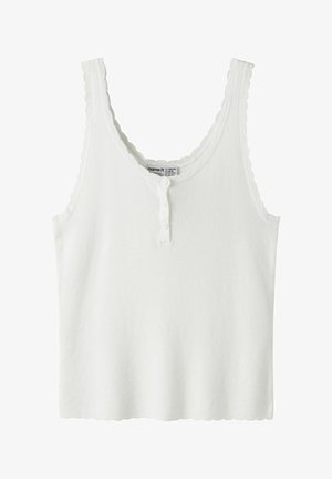 Débardeur blanc côtelé sans manches avec bords festonnés et trois petits boutons au niveau de l'encolure.