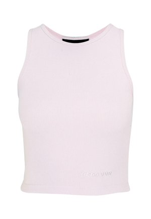 Hihattu ribattu toppi vaaleanpunaisesta kankaasta, jossa on korkea kaula-aukko ja hienovarainen brändäys alaosassa. Sileä rakenne ja vartalonmyötäinen muotoilu.