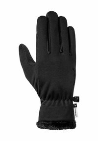 Schwarze, weiche Stoffhandschuhe mit einer engen Passform. Sie verfügen über eine strukturierte Handfläche, ein elastisches Bündchen für Wärme und einen kleinen verstellbaren Riemen nahe dem Handgelenk.