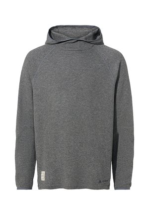 Grauer langärmeliger Kapuzenpullover aus strukturiertem Stoff, Raglanärmeln und einem kleinen Etikettakzent in der unteren linken Ecke.