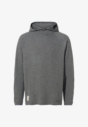 Grauer langärmeliger Kapuzenpullover aus strukturiertem Stoff, Raglanärmeln und einem kleinen Etikettakzent in der unteren linken Ecke.