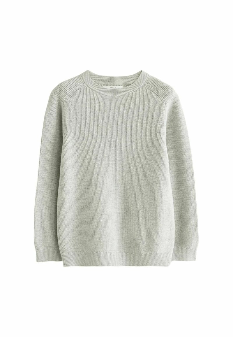 Maglione lavorato a maglia grigio chiaro con scollo rotondo, maniche lunghe e texture a coste. Presenta una vestibilità rilassata e dettagli di cucitura sottili.