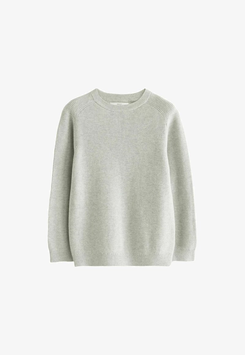 Light grey knitted sweater with a round neckline, long sleeves, and ribbed texture. Features a relaxed fit and subtle seam detailing.