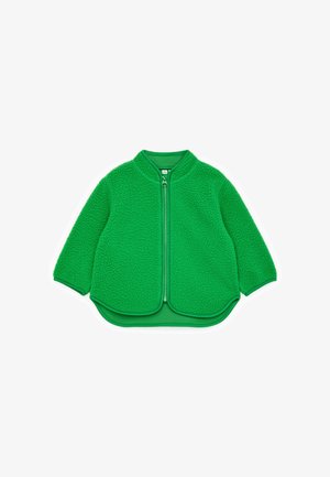 Veste en polaire vert vif avec fermeture éclair intégrale à l'avant, manches longues et ourlet arrondi, affichée sur fond blanc.
