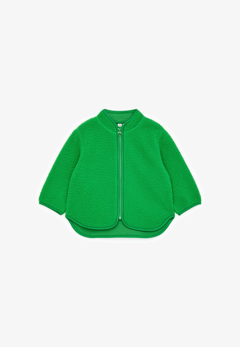 Veste en polaire vert vif avec fermeture éclair intégrale à l'avant, manches longues et ourlet arrondi, affichée sur fond blanc.