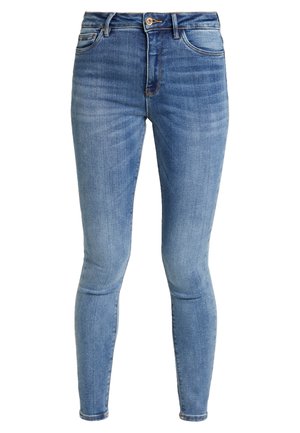 Blå høytliv skinny jeans med knapp og glidelås foran, lommer foran og bak, og subtil falming.