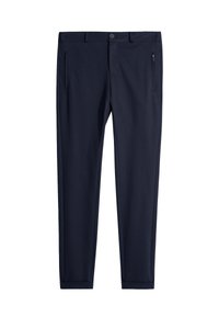 Navyblauwe broek met een getailleerde pasvorm, voorzien van een knoopsluiting, twee zijzakken en een gladde stoffen structuur.