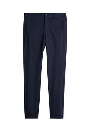 Pantaloni blu navy con vestibilità su misura, dotati di chiusura a bottone, due tasche frontali e una texture di tessuto liscia.