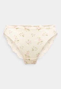 Φλοράλ δαντελένια εσώρουχα σε κρεμ χρώμα με μοτίβα ροζ και πράσινων λουλουδιών. Διαθέτουν κυματιστά άκρα και απαλή υφή.