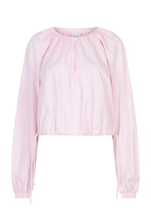 Roze geruit cropped top met lange mouwen, ingenaaide halslijn, trekkoordzoom en kleine reflecterende accenten over de stof.