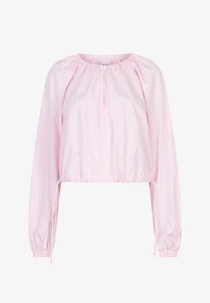 Roze geruit cropped top met lange mouwen, ingenaaide halslijn, trekkoordzoom en kleine reflecterende accenten over de stof.