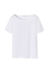 Witte t-shirt met korte mouwen en een ruime halslijn, gemaakt van gladde stof. Ontspannen pasvorm zonder patronen of zichtbare accenten.