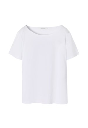 Balta trumpa rankovė t-shirt marškinėliai su plačiu iškirpimu, pagaminti iš glotnios medžiagos. Atpalaiduojantis siluetas be jokių raštų ar matomų akcentų.