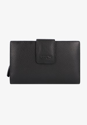 Zwarte leren portemonnee met een gestructureerde afwerking, voorzien van een voorflap sluiting en een reliëflogo. Rectangulaire vorm met strakke randen.