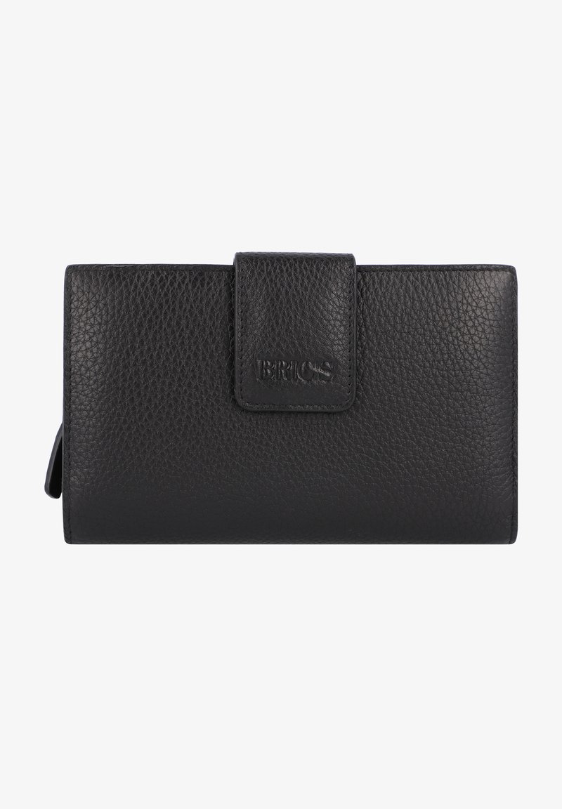 Portefeuille en cuir noir avec une finition texturée, doté d'une fermeture à rabat à l'avant et d'un logo en relief. Forme rectangulaire avec des bords nets.