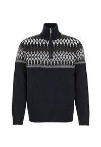 Pulover marin cu închidere tip half zip, având un model fair isle în alb și verde măsliniu pe piept și manșete și tiv cu nervuri.