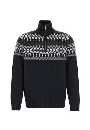 Marineblauwe trui met halve ritssluiting, voorzien van een fair isle patroon in wit en olijfgroen op de borst en geribde manchetten en zoom.