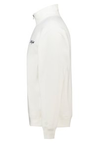 Felpa bianca con zip e colletto alto, dalla texture morbida e polsini a coste. Presenta un piccolo logo nero sul petto.