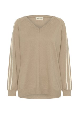 Maglione beige a V con maniche lunghe, caratterizzato da strisce bianche lungo le maniche. Morbido al tatto e vestibilità comoda. Etichetta del marchio visibile all' neckline.