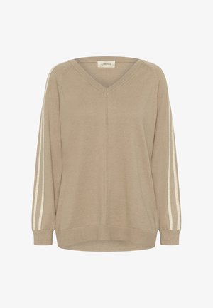 Bežani pulover s V-izrezom i dugim rukavima, sa bijelim prugama duž rukava. Mekana tekstura i ležerni kroj. Oznaka marke vidljiva na izrezanju.