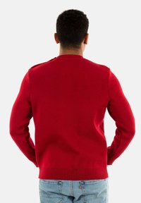 Maglione rosso lavorato a maglia con scollo rotondo, bordi a costina sui polsini e sull'orlo, maniche lunghe e una superficie liscia. Vista posteriore mostrata.