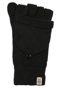 Schwarzer gestrickter Fingerhandschuh ohne Finger mit geripptem Bündchen, ausgestattet mit einem Knopfverschluss und einem kleinen aufgenähten Etikett mit dekorativem Emblem.