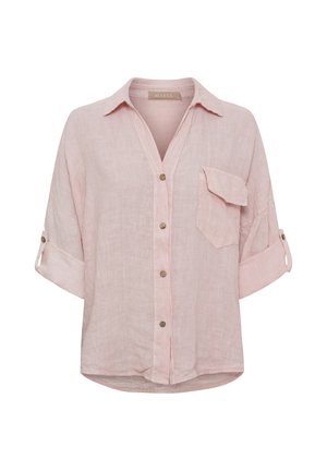 Lyserød løs hørskjorte med knapper foran, enkelt flaplomme på brystet og op-rullede ærmer, der holdes på plads med knapbånd.