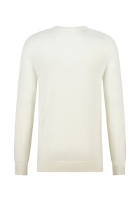 Effen witte lange mouwen trui gezien vanaf de achterkant met geribbelde manchetten en onderrand, en een ronde halslijn.