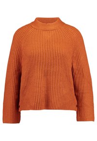 Rostorange ribbstickad tröja med lång ärm och kort hög krage, med sidoknappar vid nederkanten.