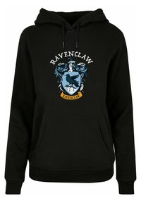 Felpa nera con cappuccio, caratterizzata da uno stemma di Ravenclaw in blu e bianco, con tasca frontale e cappuccio regolabile. Tessuto morbido, design informale.