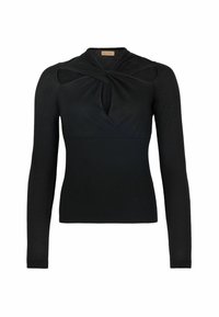 Svart långärmad topp med en vriden design vid halsringningen, med en nyckelhålsöppning och figurnära silhuett, tillverkad av ett elastiskt material.