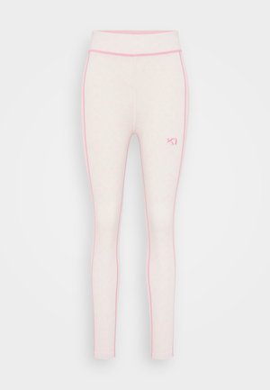 Gaiši rozā legingi ar teksturētu rakstu un kontrastējošām rozā maliņām. Tiem ir augsts viduklis un neliels logotipa akcentu.