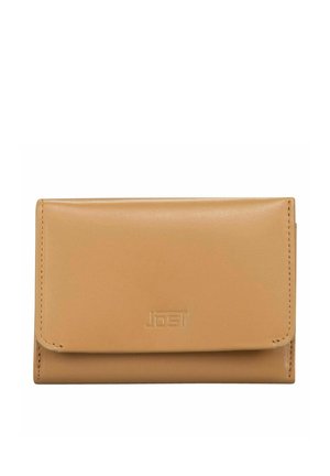 Bruine leren portemonnee met gestikte randen en geperst merklogo "Jost" op de voorflap, rechthoekig met afgeronde hoeken.
