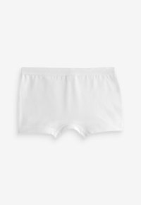 Weiße Baumwoll-Hipster-Shorts mit einem weichen elastischen Bund, glatter Textur und ohne sichtbare Muster oder Akzente. Mit einem Schnitt bis zur Mitte des Oberschenkels.