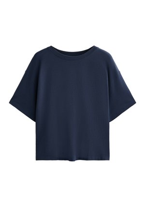 Navy blue T-shirt with a relaxed fit, featuring short sleeves and a round neckline. Made of soft, smooth fabric with no visible pattern.