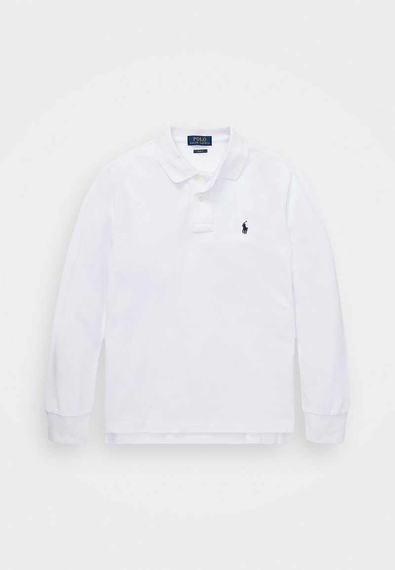 Camisa polo blanca de manga larga hecha de algodón, que presenta un cuello y puños acanalados, con un pequeño logo de caballo en color azul marino en el lado izquierdo del pecho.