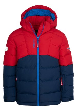 Rote und marineblaue Pufferjacke mit einer blauen Kapuze, Reißverschluss vorne und Logopatches. Verfügt über ein steppdesign und elastische Bündchen für Wärme.