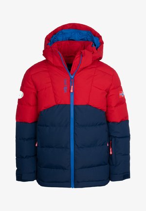 Rote und marineblaue Pufferjacke mit einer blauen Kapuze, Reißverschluss vorne und Logopatches. Verfügt über ein steppdesign und elastische Bündchen für Wärme.