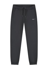 Zwarte joggerbroek gemaakt van zacht stof, met twee voorzakken, een elastische tailleband met koordjes, en elastische boorden bij de enkels.