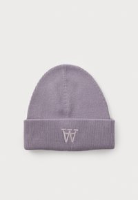 Beanie di lana viola con risvolto a coste, con logo ricamato di un viola chiaro. Tessuto morbido con una vestibilità aderente e finitura liscia.
