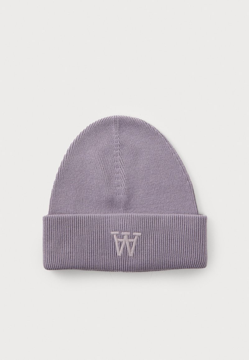 Beanie di lana viola con risvolto a coste, con logo ricamato di un viola chiaro. Tessuto morbido con una vestibilità aderente e finitura liscia.