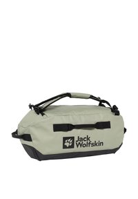 Gray duffel bag with black accents, featuring a reinforced handle, adjustable strap, and Jack Wolfskin logo printed in black. Water-resistant fabric.