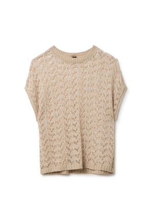 Beige Strickpullover mit lockerer Passform, kurzen Ärmeln und einem strukturierten Wellenmuster. Mit Rundhalsausschnitt und einem Saum, der auf der Taille endet.
